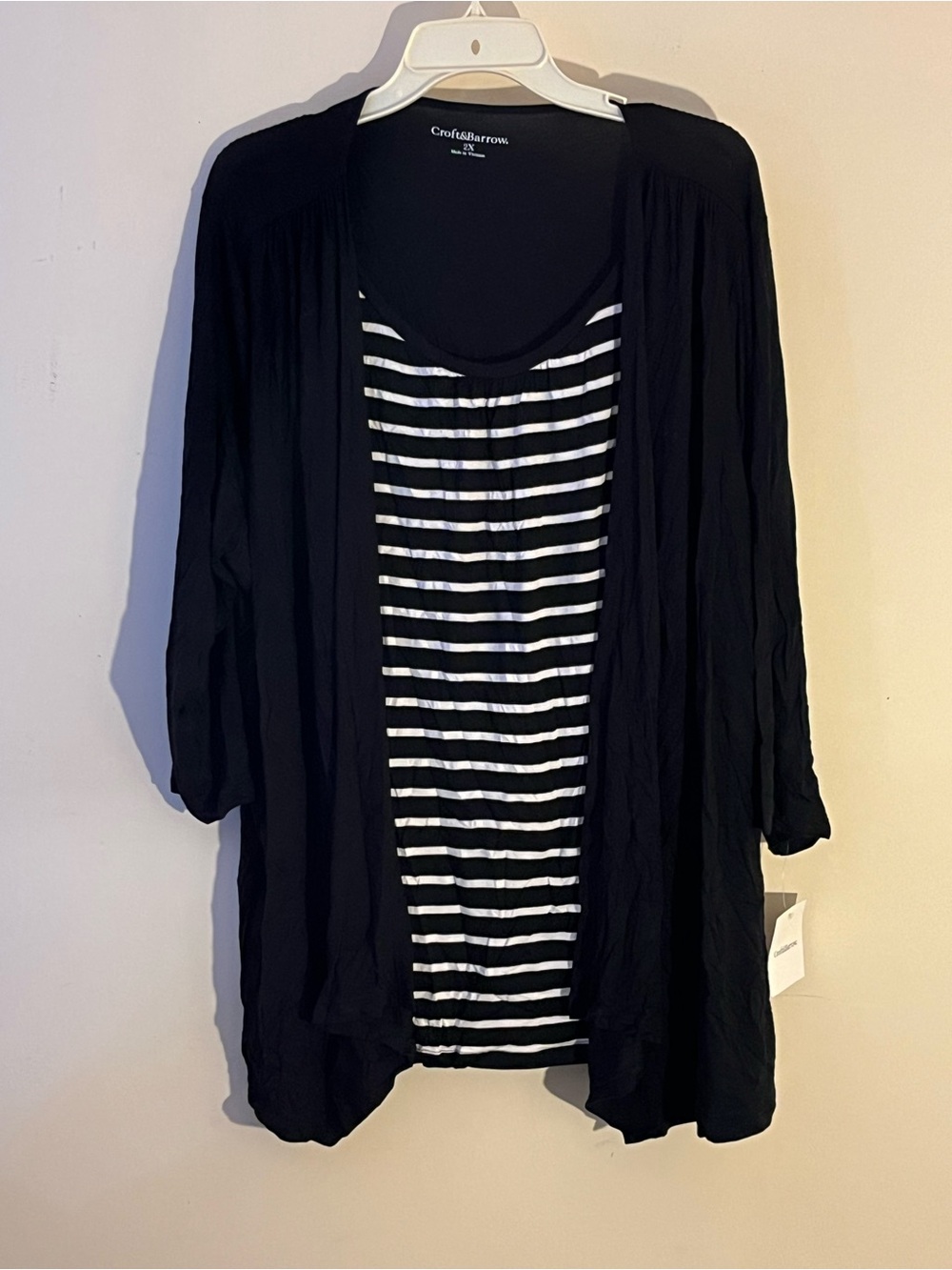 croft & barrow Black Cardigan with attached Black and White Striped Tank